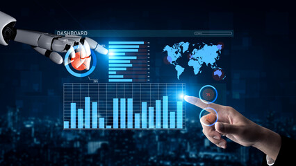 A robotic hand engages with a digital dashboard showcasing interactive graphs and a world map, representing the fusion of technology and analytics in modern data monitoring. Impute