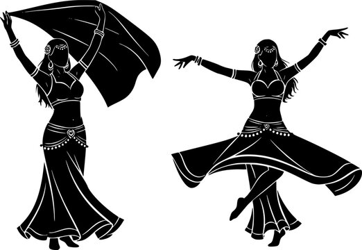 Black belly dancer silhouettes in various poses white background
