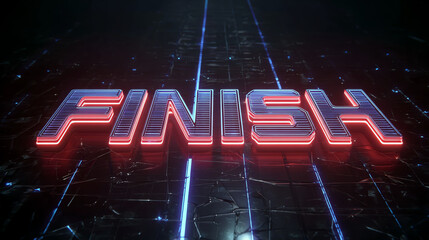 A vibrant neon-lit 'FINISH' sign displayed against a sleek, futuristic background, symbolizing achievement and completion.