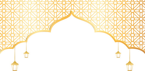 Golden Islamic Arch with Hanging Lanterns and Traditional Geometric Pattern. Elegant Festive Background for Ramadan, Eid.