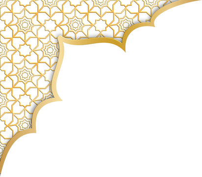 Elegant Golden Geometric Arabic Pattern Corner Frame with White Copy Space - Ornate Islamic Design Background