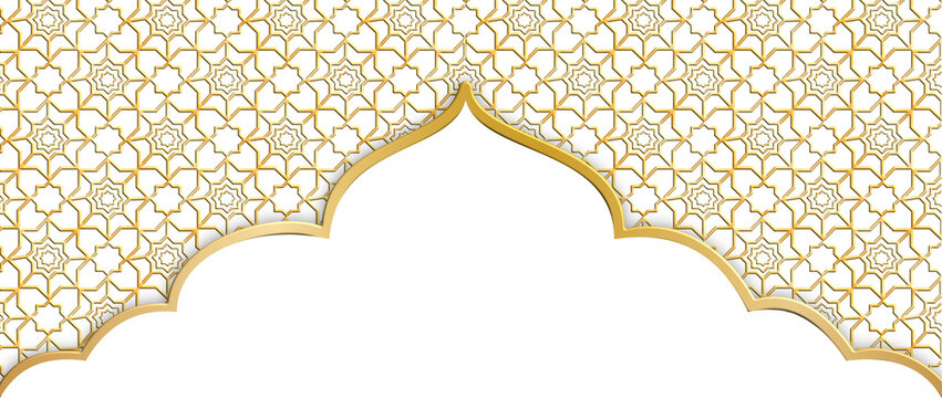 Golden Islamic Arch Frame with Elegant Geometric Arabesque Pattern Background and Copy Space