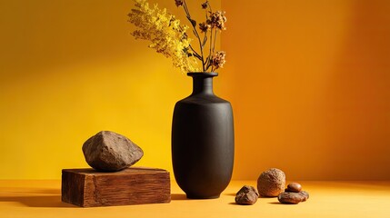 Elegant still life with vase flowers rocks and wooden block on yellow