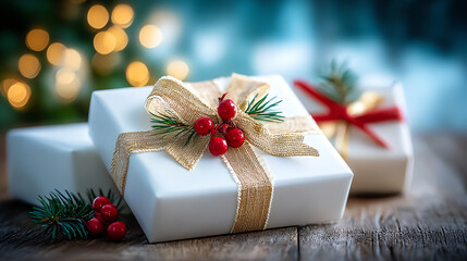 Beautifully wrapped Christmas presents adorned with ribbons and pine, set against a serene, festive background.