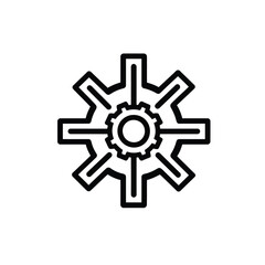 Obraz premium Black outline icon of a large gear with eight spokes and a smaller gear in its center, symbolizing settings, mechanics, or engineering.