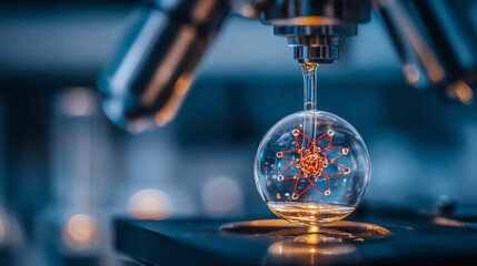 Close-up of a microscope analyzing a liquid droplet within a glass sphere, showcasing intricate scientific details and vibrant colors.