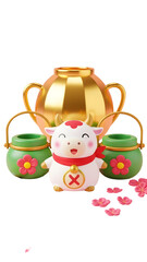Charming cow figurine with golden vase and flower pots