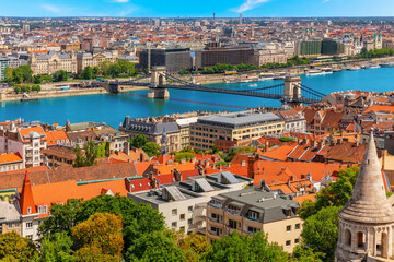 Skyline panorama of Budapest with Chain Bridge over the Danube River, Hungary