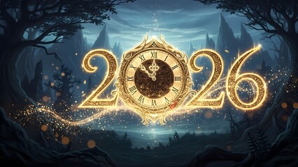 Futuristic new year's eve countdown to 2026 in a mystical forest