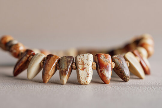 Authentic handcrafted Native style necklace. Features decorative teeth and bone elements with jasper stone beads on a neutral leather surface. Traditional tribal artisan jewelry