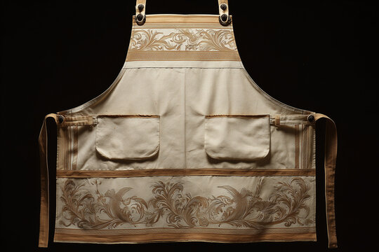 Authentic handcrafted Delantal Mandil. A decorative beige work apron featuring intricate floral embroidery and two front pockets, isolated against a solid black background for a premium look