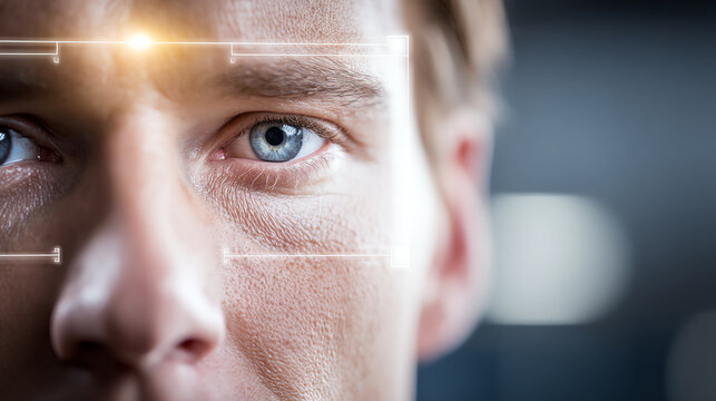 Close-up of a man's face showing facial recognition technology overlay. High-tech concept representing security and innovation. - Powered by Adobe