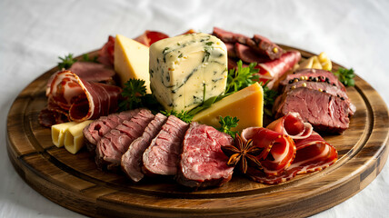 A gourmet plate of grilled beef steak and roasted pork sausages served with healthy green salad and fresh red tomatoes makes for a tasty restaurant dinner featuring meat and vegetables
