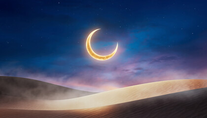 Enchanting golden crescent moon illuminates serene desert dunes under a mystical twilight sky, creating a tranquil and magical nocturnal landscape