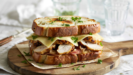 Delicious smoked salmon and avocado salad on toasted bread with fresh lettuce, tomato, and cheese makes a healthy lunch meal or breakfast snack served on a white plate