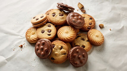 Delicious homemade chocolate easter eggs and gourmet cookies served as a tasty sweet dessert snack on a white plate atop a brown bakery table