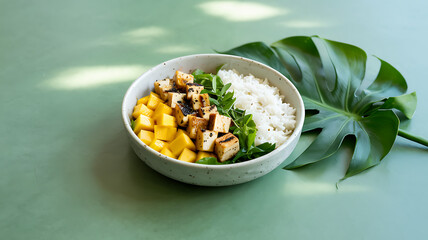 A delicious healthy vegetarian meal featuring a fresh bowl of rice, a bowl of green beans, and a bowl of corn flakes served as a traditional gourmet vegetable dish