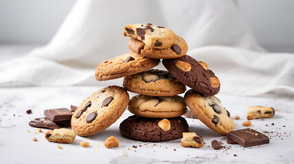 A delicious stack of homemade chocolate chip cookies served on a white plate makes for a tasty sweet dessert and classic bakery snack