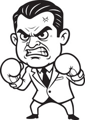 Bold line caricature angry businessman wearing boxing gloves isolated on white background