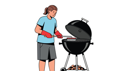 An individual performing routine outdoor barbecue grill maintenance with a brush, ensuring cleanliness for delightful backyard culinary events