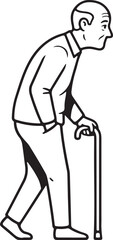 Bold line drawing of elderly man walking with cane isolated on white background