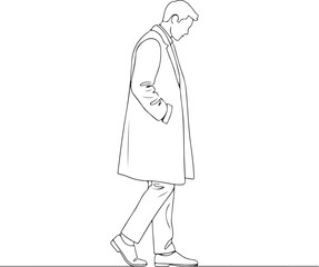 Bold line drawing of lonely walking man minimal character illustration on white background