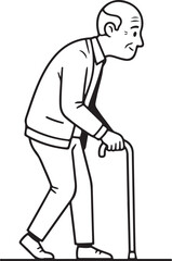 Bold line illustration of senior man walking with cane minimalist line art on white background