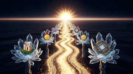 Mystical pathway of lotus flowers leading to radiant light