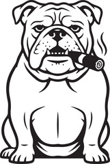 Bold line drawing of old english bulldog smoking cigar character illustration on white background