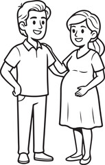 Bold line standing man with pregnant woman family relationship line illustration on white background