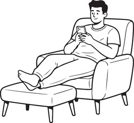 Bold line drawing man relaxing in chair using smartphone lifestyle illustration on white background