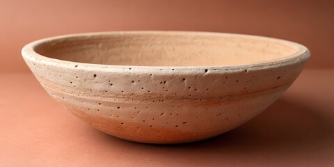 Earthenware bowl with rough pitted texture and visible clay striations resting on warm terracotta surface