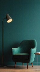 Elegant teal interior featuring armchair and lamp with copy space