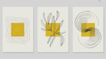 Modern art prints with yellow and black line designs on white background