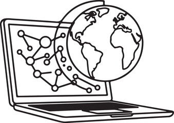 Bold line drawing laptop computer with earth globe global business economy concept on white background