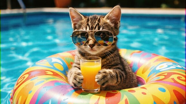 Tabby kitten wearing sunglasses and holding an orange juice glass while floating on a colorful inflatable ring in a swimming pool. Summer holiday concept.