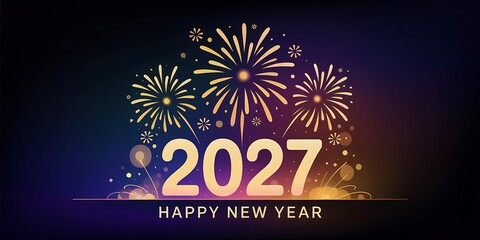 A vibrant and colorful illustration depicts golden fireworks exploding in the night sky above a celebratory new year message high quality