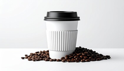 A white disposable coffee cup surrounded by coffee beans on a white background