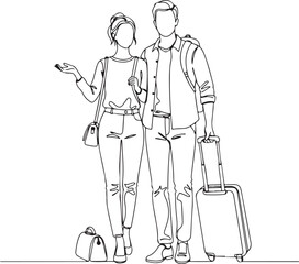 Bold line illustration of travel couple with suitcases journey vacation concept on white background