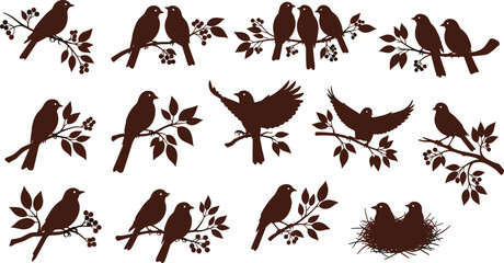 Brown silhouettes of birds on branches and in nest leaf © Shamim creative 