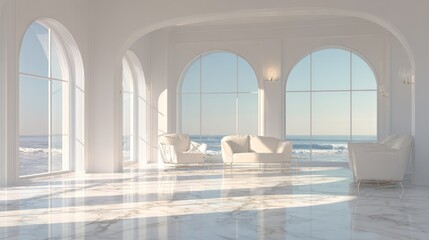 Elegant white living room with ocean view through arched windows