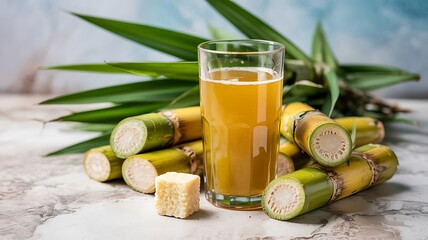 a refreshing glass of golden pandan juice sits alongside sliced sugarcane stalks and a piece of palm sugar highlighting tropical flavors