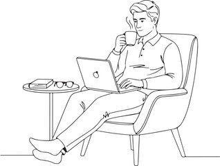 Bold line drawing sitting man watching laptop and drinking coffee work from home concept