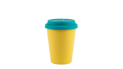 Bright yellow reusable coffee cup with vibrant teal silicone lid on transparent background