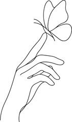 Hand with butterfly on finger continuous one line art nature concept on white background