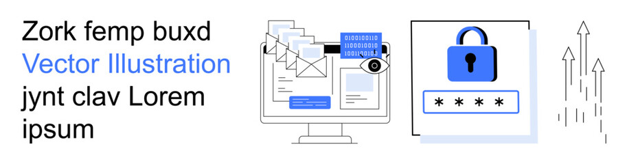 Obraz premium Digital security, data protection, online privacy, secure communication, cybersecurity, password management. Illustration a lock, password input computer screen and documents. Cybersecurity