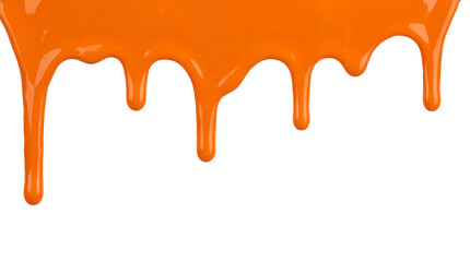 Bright orange liquid paint dripping downwards suggesting vibrant color flow on transparent background