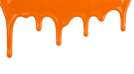 Bright orange liquid paint dripping downwards suggesting vibrant color flow on transparent background