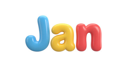 Colorful three-dimensional bubbly text spelling the month abbreviation 'jan' on transparent background