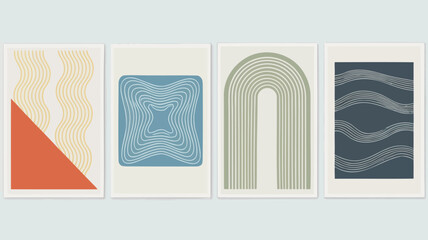 Vibrant modern art prints with geometric shapes and wavy lines on white background